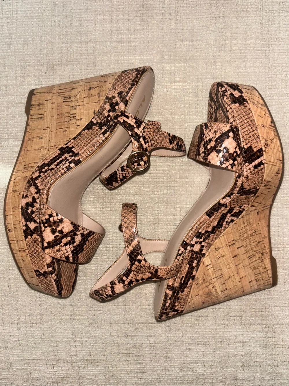 ALDO Snake Print Cork Platform Wedge Sandals Heels 8.5 Buckle Neutral Date Night